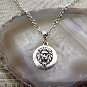 Lions Head Necklace on Silver Rolo Chain, Mens Jewelry