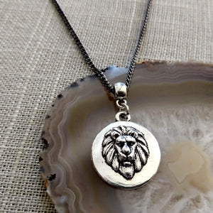 Lions Head Necklace on Gunmetal Curb Chain, Mens Jewelry