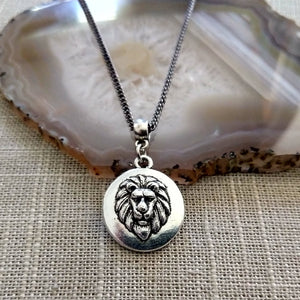 Lions Head Necklace on Gunmetal Curb Chain, Mens Jewelry