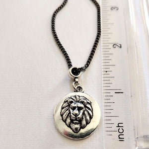 Lions Head Necklace on Gunmetal Curb Chain, Mens Jewelry