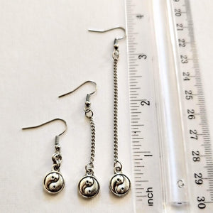 Silver Yin Yang Earrings, Your Choice of Three Lengths, Long Dangle Chain Earrings