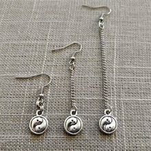 Load image into Gallery viewer, Silver Yin Yang Earrings, Your Choice of Three Lengths, Long Dangle Chain Earrings
