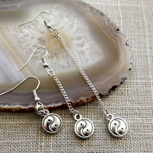 Silver Yin Yang Earrings, Your Choice of Three Lengths, Long Dangle Chain Earrings