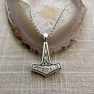 Thors Hammer Necklace, Nordic Jewelry Necklace on Silverl Rolo Chain
