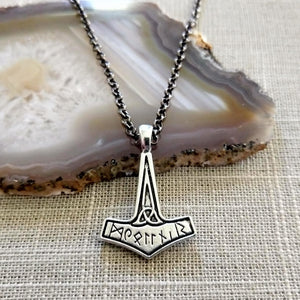 Thors Hammer Necklace, Nordic Jewelry Necklace on Gunmetal Rolo Chain