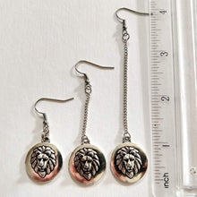 Load image into Gallery viewer, Lions Head Earrings, Your Choice of Five Lengths, Long Dangle Chain Drop, Cat Jewelry
