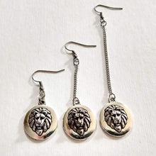 Load image into Gallery viewer, Lions Head Earrings, Your Choice of Five Lengths, Long Dangle Chain Drop, Cat Jewelry
