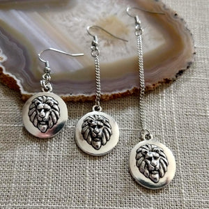 Lions Head Earrings, Your Choice of Five Lengths, Long Dangle Chain Drop, Cat Jewelry
