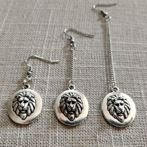 Lions Head Earrings, Your Choice of Five Lengths, Long Dangle Chain Drop, Cat Jewelry