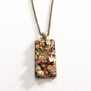 Unakite Stone Bezel Necklace on Bronze Rolo Chain, Bohemian Layering Jewelry