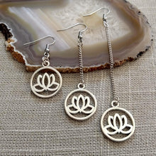 Load image into Gallery viewer, Japanese Lotus Flower Earrings - Your Choice of Three Lengths - Long Dangle Chain Earrings
