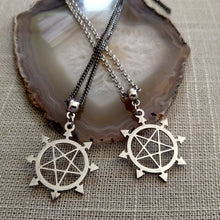 Load image into Gallery viewer, Inverted Pentagram Necklace, Eight Pointed Star on Silver Rolo Chain
