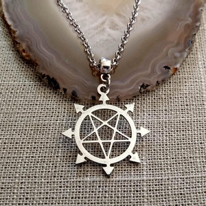 Inverted Pentagram Necklace, Eight Pointed Star on Silver Rolo Chain