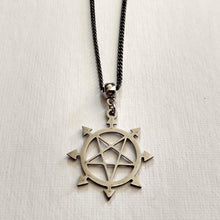 Load image into Gallery viewer, Inverted Pentagram Necklace, Eight Pointed Star on Gunmetal Curb Chain
