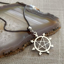 Load image into Gallery viewer, Inverted Pentagram Necklace, Eight Pointed Star on Gunmetal Curb Chain

