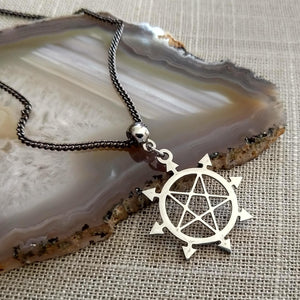 Inverted Pentagram Necklace, Eight Pointed Star on Gunmetal Curb Chain