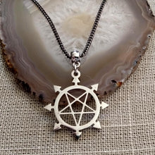 Load image into Gallery viewer, Inverted Pentagram Necklace, Eight Pointed Star on Gunmetal Curb Chain
