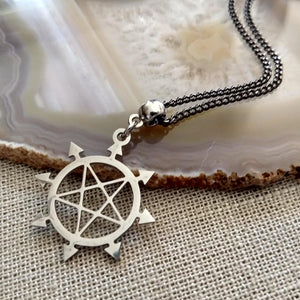 Inverted Pentagram Necklace, Eight Pointed Star on Gunmetal Curb Chain