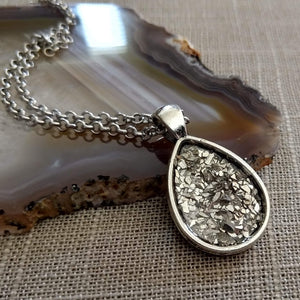 Silver Glitter Bezel Necklace, Vintage German Glass Glitter Bezel Pendant on Rolo Chain, Layering Jewelry