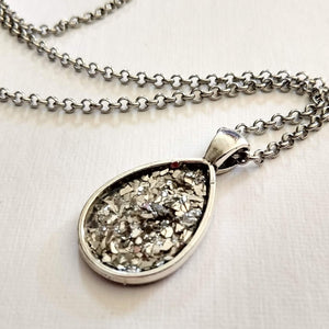 Silver Glitter Bezel Necklace, Vintage German Glass Glitter Bezel Pendant on Rolo Chain, Layering Jewelry