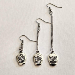 Sugar Skull Earrings, Day of the Dead Jewelry, Your Choice of Three Lengths, Long Dangle Chain Drop