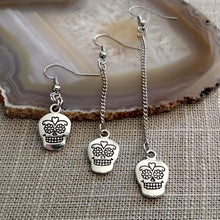 Load image into Gallery viewer, Sugar Skull Earrings, Day of the Dead Jewelry, Your Choice of Three Lengths, Long Dangle Chain Drop
