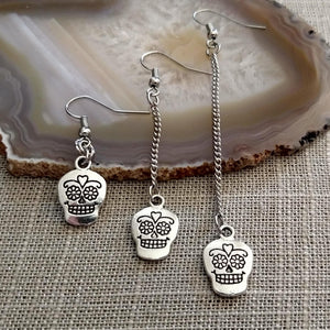 Sugar Skull Earrings, Day of the Dead Jewelry, Your Choice of Three Lengths, Long Dangle Chain Drop