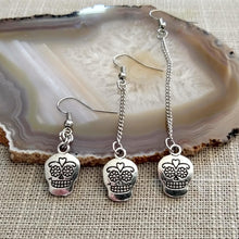 Load image into Gallery viewer, Sugar Skull Earrings, Day of the Dead Jewelry, Your Choice of Three Lengths, Long Dangle Chain Drop
