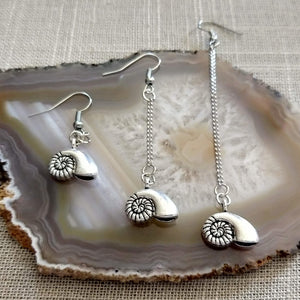 Metal Ammonite Earrings, Your Choice of Three Lengths, Long Dangle Chain Drop