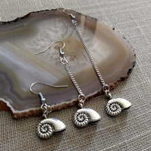 Load image into Gallery viewer, Metal Ammonite Earrings, Your Choice of Three Lengths, Long Dangle Chain Drop
