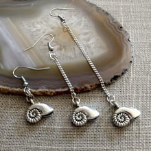 Load image into Gallery viewer, Metal Ammonite Earrings, Your Choice of Three Lengths, Long Dangle Chain Drop

