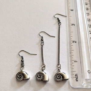 Metal Ammonite Earrings, Your Choice of Three Lengths, Long Dangle Chain Drop