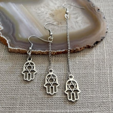 Load image into Gallery viewer, Hamsa Earrings, Star Of David Jewelry, Your Choice of Three Lengths - Long Dangle Chain Earrings
