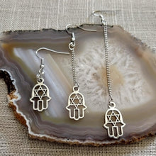 Load image into Gallery viewer, Hamsa Earrings, Star Of David Jewelry, Your Choice of Three Lengths - Long Dangle Chain Earrings
