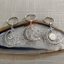 Load image into Gallery viewer, Crescent Moon Keychain, Spiritual Backpack or Purse Charm, Zipper Pull with Your Choice of Charm
