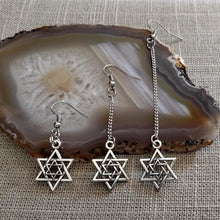 Load image into Gallery viewer, Double Star of David Earrings - Your Choice of Three Lengths - Long Dangle Chain Earrings
