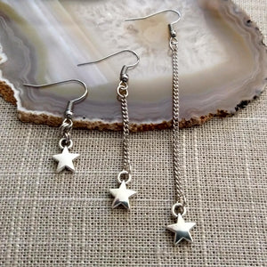 Silver Tiny Star Earrings, Your Choice of Three Lengths, Long Dangle Chain Drop