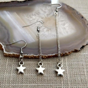 Silver Tiny Star Earrings, Your Choice of Three Lengths, Long Dangle Chain Drop