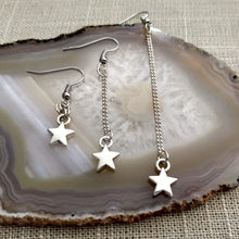 Load image into Gallery viewer, Silver Tiny Star Earrings, Your Choice of Three Lengths, Long Dangle Chain Drop
