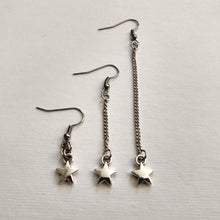 Load image into Gallery viewer, Silver Tiny Star Earrings, Your Choice of Three Lengths, Long Dangle Chain Drop
