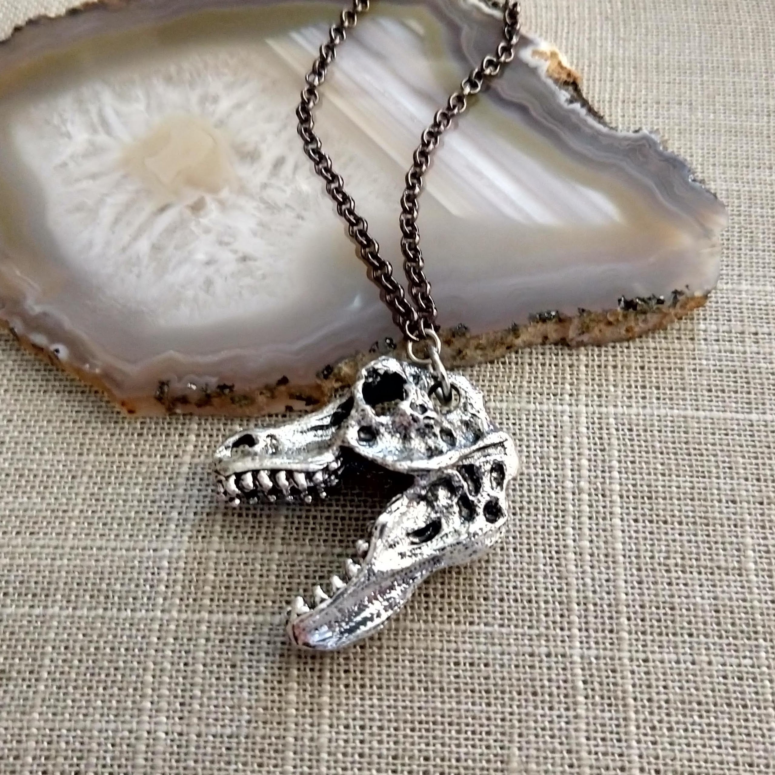 Dinosaur Skull Necklace on Gunmetal Rolo Chain Mens Jewelry Crystal Compass Design