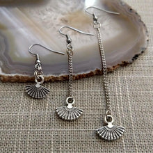 Load image into Gallery viewer, Silver Tiny Fan Earrings, Your Choice of Three Lengths, Long Dangle Chain Drop
