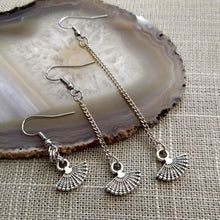 Load image into Gallery viewer, Silver Tiny Fan Earrings, Your Choice of Three Lengths, Long Dangle Chain Drop
