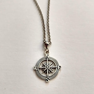 Compass Necklace, Maritime Nautical Boating Jewelry on Silver Rolo Chain, Mens Jewelry