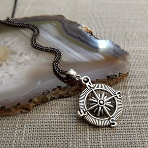 Compass Necklace, Maritime Nautical Boating Jewelry on Gunmetal Curb Chain, Mens Jewelry