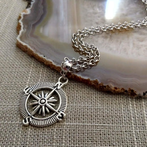 Compass Necklace, Maritime Nautical Boating Jewelry on Silver Rolo Chain, Mens Jewelry