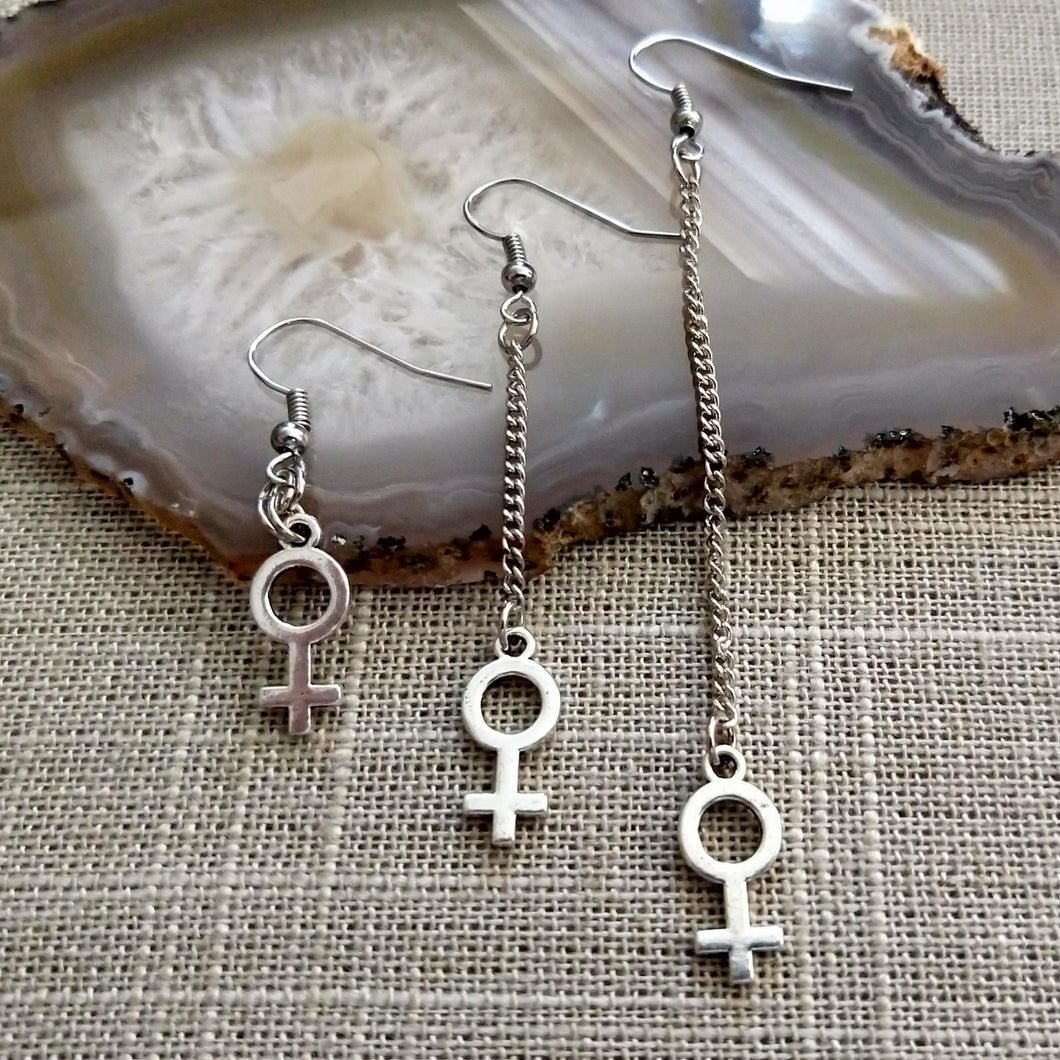 Female Symbol Earrings,  Your Choice of Three Lengths, Long Dangle Chain Drop