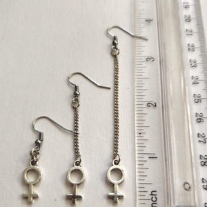 Female Symbol Earrings,  Your Choice of Three Lengths, Long Dangle Chain Drop