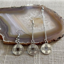 Load image into Gallery viewer, Chinese Coin Earrings, Your Choice of Three Lengths, Long Dangle Drop Chain
