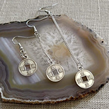 Load image into Gallery viewer, Chinese Coin Earrings, Your Choice of Three Lengths, Long Dangle Drop Chain
